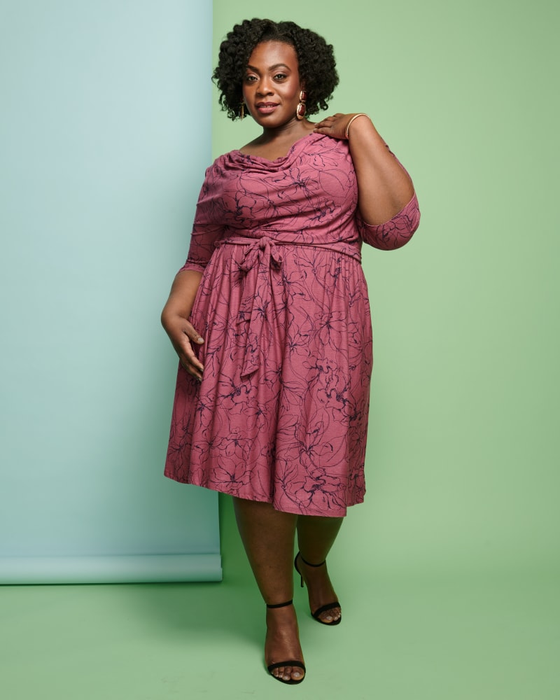 Plus size model with pear body shape wearing Sterling Cowlneck Dress by Ryan Wylde | Dia&Co | dia_product_style_image_id:117505